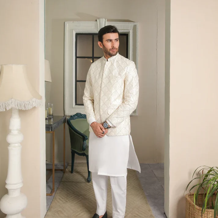 Off white embroidered prince coat