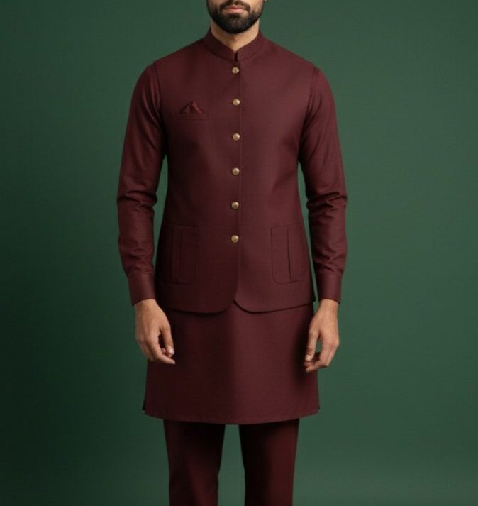 Maroon shalwar kameez and waistcoat