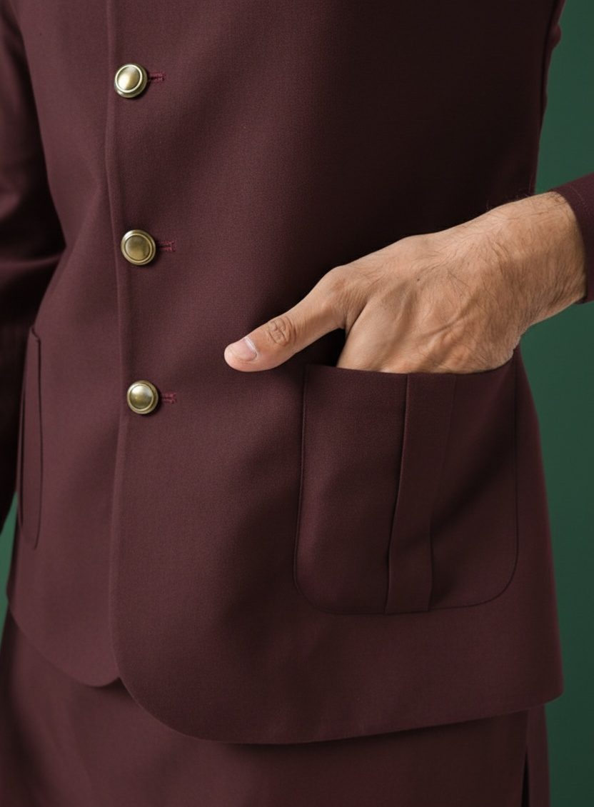 Maroon shalwar kameez and waistcoat - Image 3