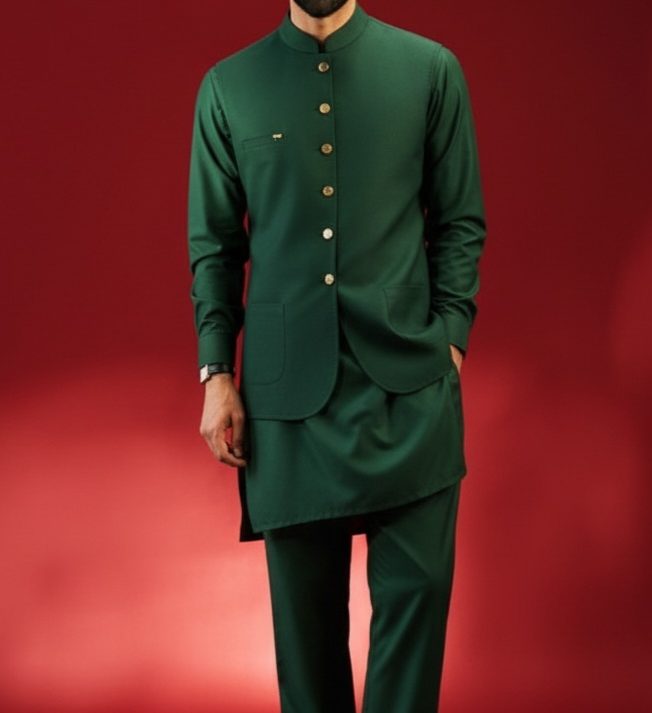 Green shalwar kameez with waistcoat