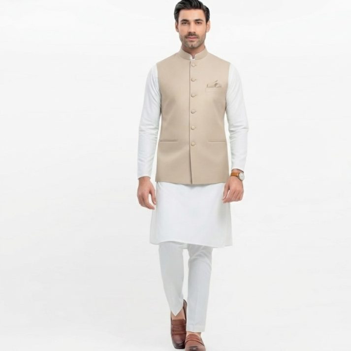 Men wearing beige waistcoat with white kurta shalwar – traditional Pakistani formal wear