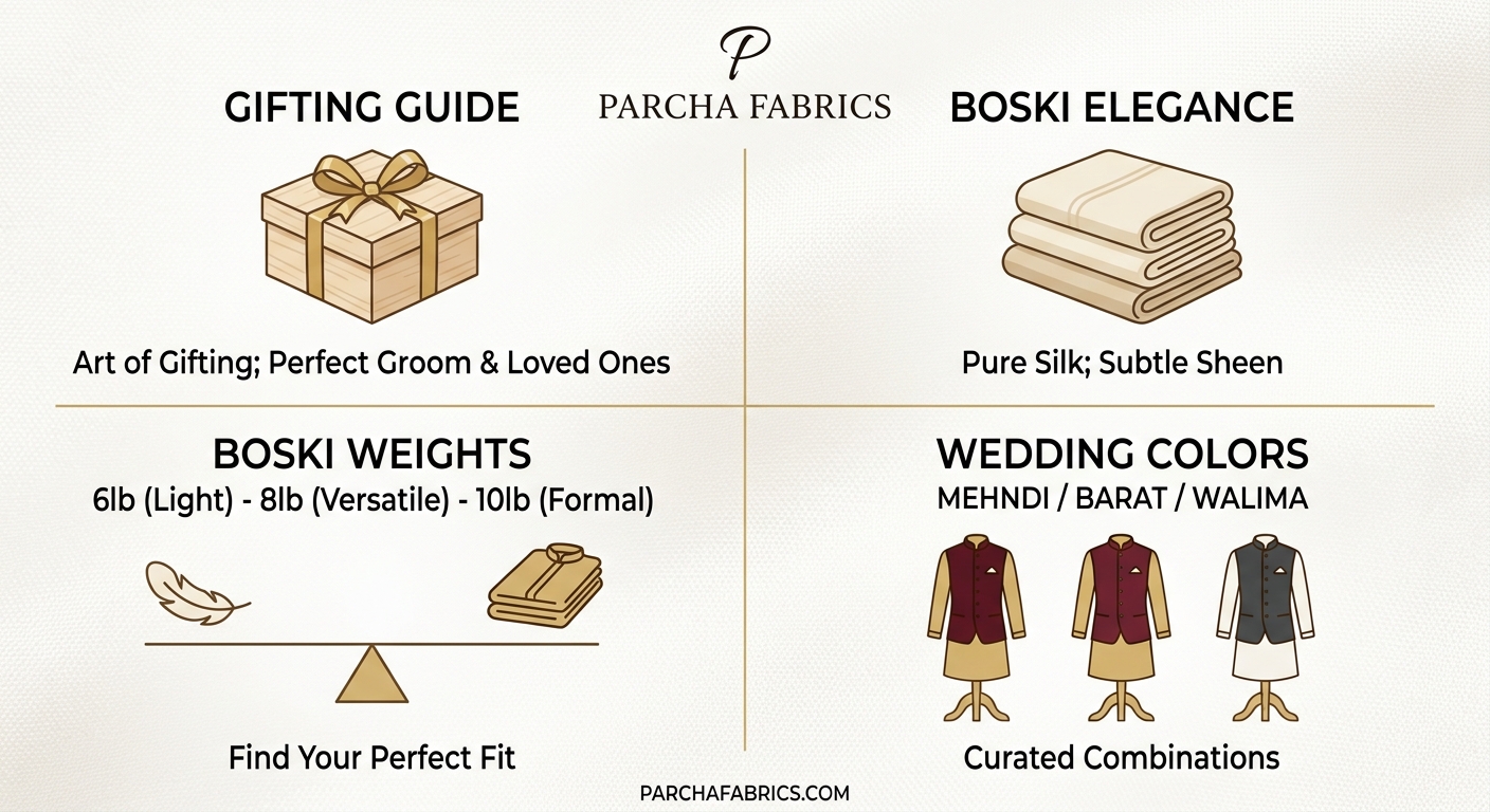 Minimalistic Parcha Fabrics blog guide infographic displaying gifting tips, Boski weights, and wedding color combinations for men