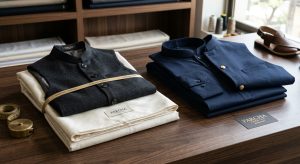 Folded cream pure Boski silk fabric with dark charcoal gray waistcoat and navy blue waistcoat suit for men on wooden tailor table